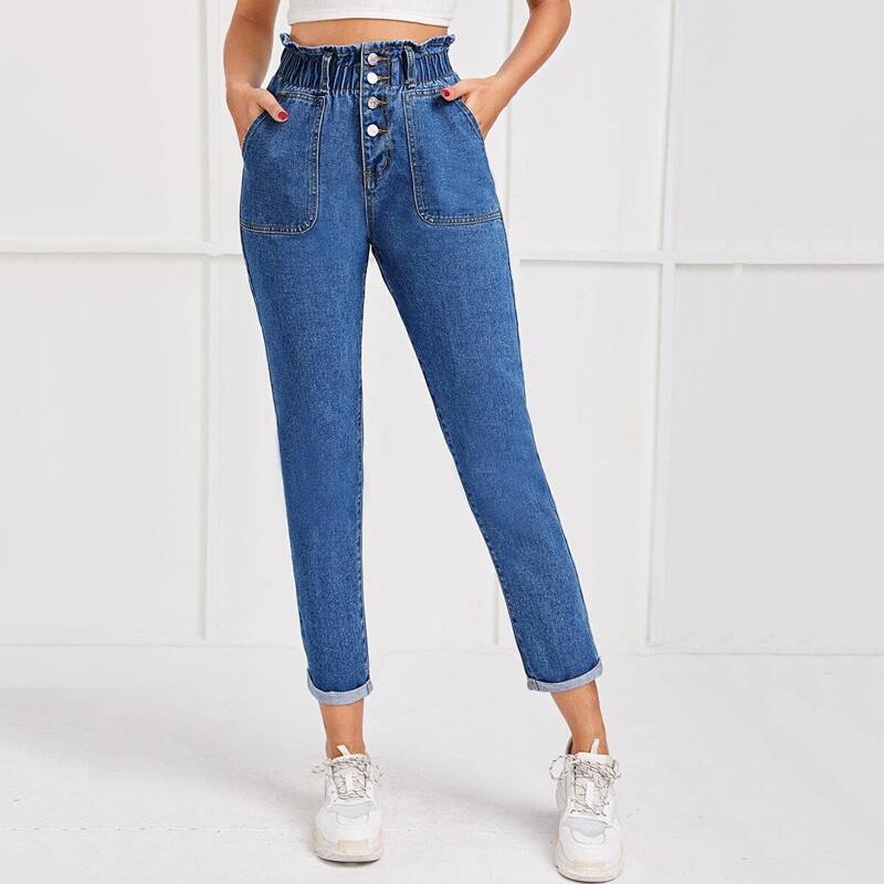 

Paper Bag Waist Rolled Hem Jeans, Blue