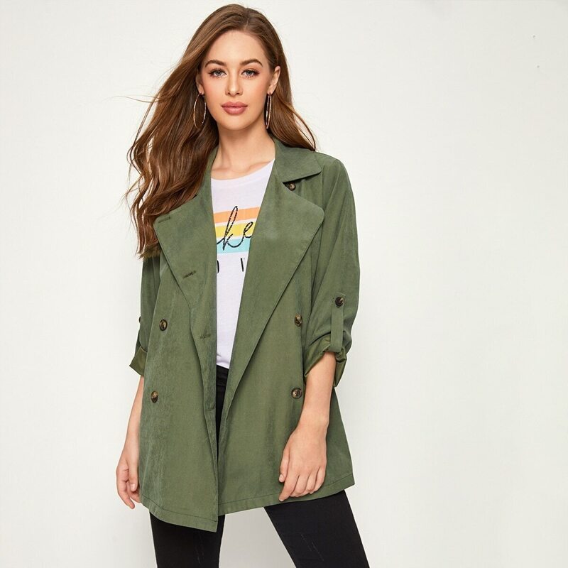 

Solid Double-breasted Roll Up Sleeve Trench Coat, Army green