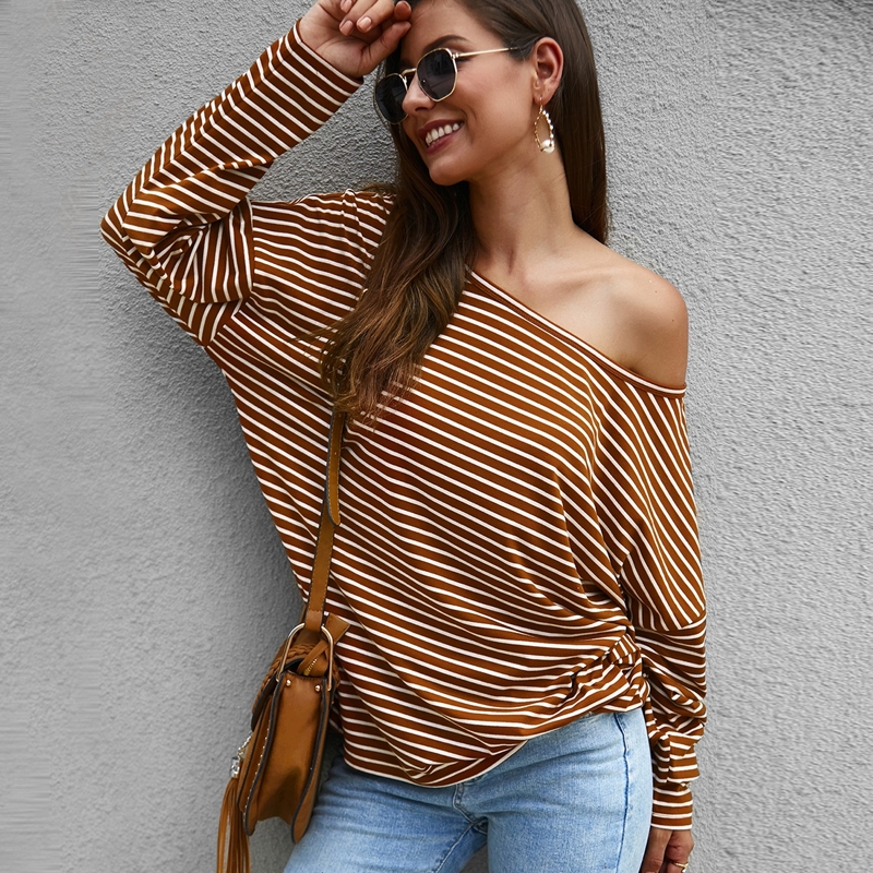 

Striped Boat Neck Long Sleeve Tee, Brown