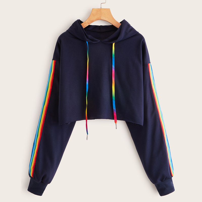 

Rainbow Stripe Tape Drawstring Crop Hoodie, Navy