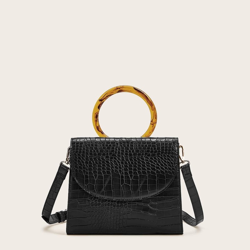

Ring Handle Croc Embossed Satchel Bag