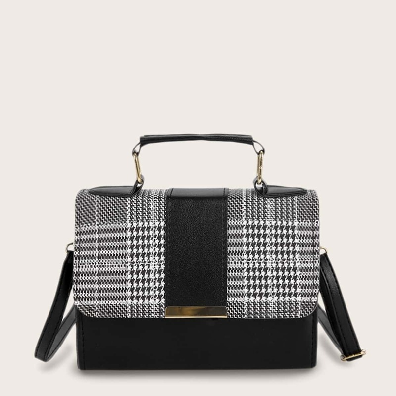 

Houndstooth Panel Satchel Bag, Black and white