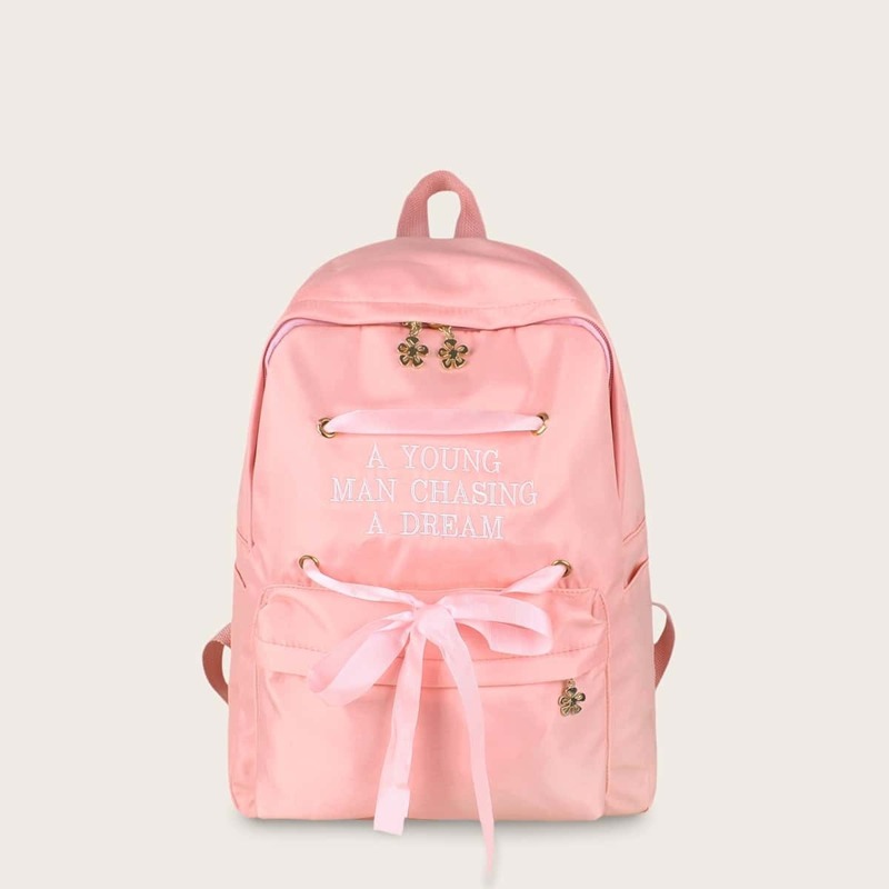 

Slogan Embroidered Lace-up Front Backpack, Pink