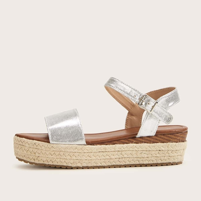 

Metallic Buckle Strap Espadrille Wedges, Silver