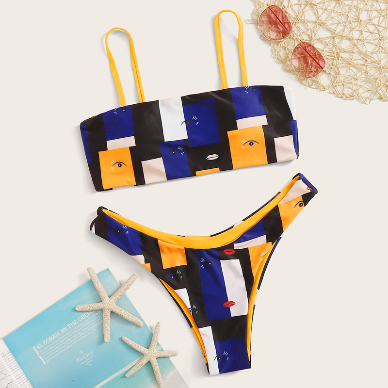 

Geometric Print Top With High Cut Bikini Set, Multicolor