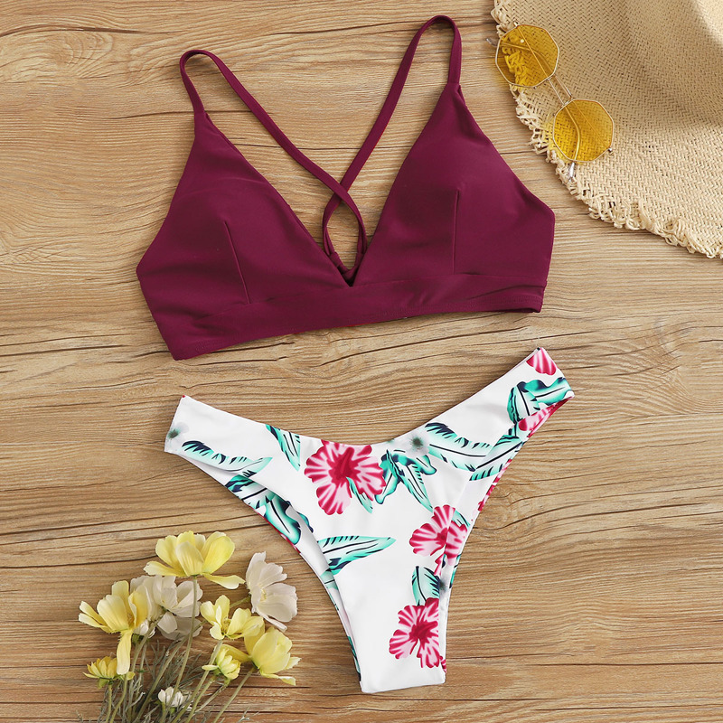 

Lace Up Top With Floral Cheeky Bikini Set, Multicolor