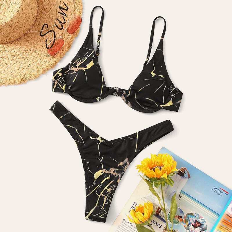 

Marble Pattern Underwire Top With High Cut Bikini Set, Black