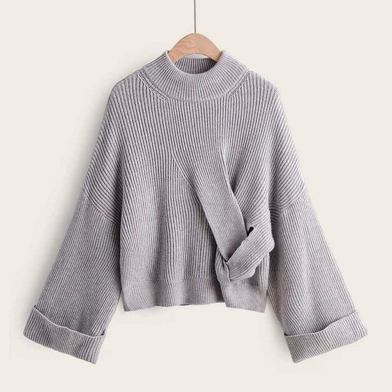 

Drop Shoulder Twist Front Solid Sweater, Grey