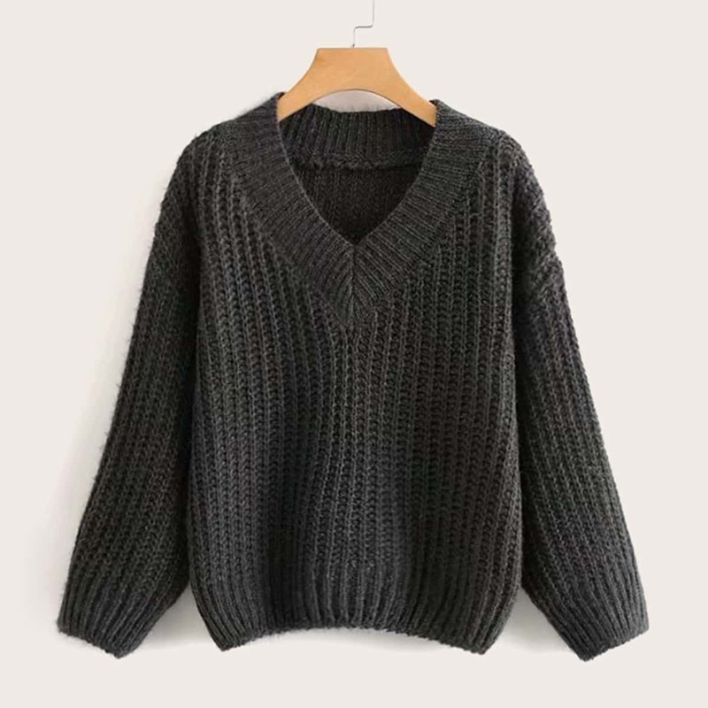 

V-neck Cable Knit Solid Jumper, Grey