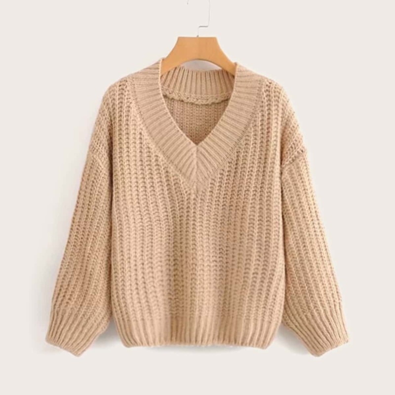

V-neck Cable Knit Solid Sweater, Khaki