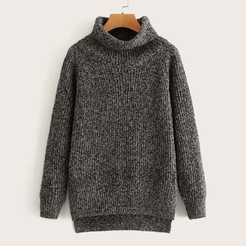 

High Neck Cable Knit High Low Jumper, Black