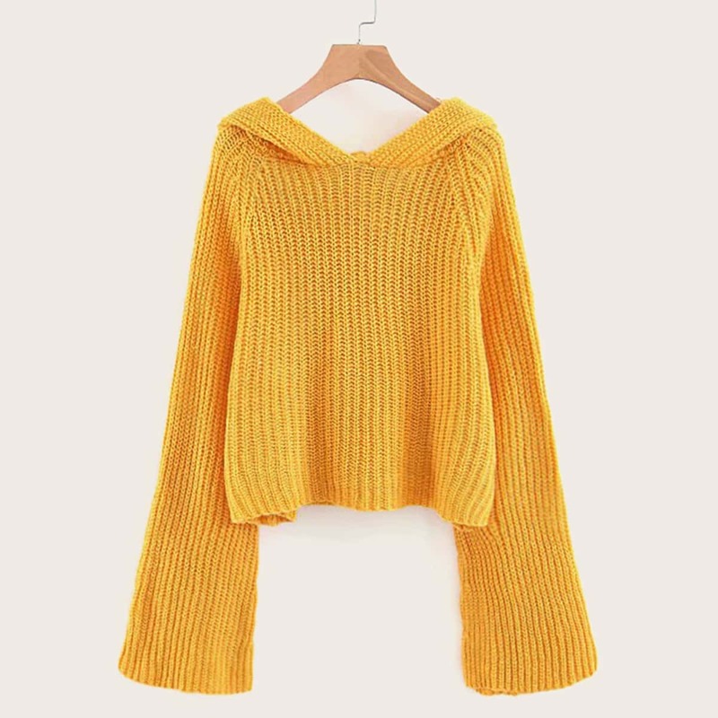 

Raglan Sleeve Cable Knit Hooded Sweater, Yellow bright