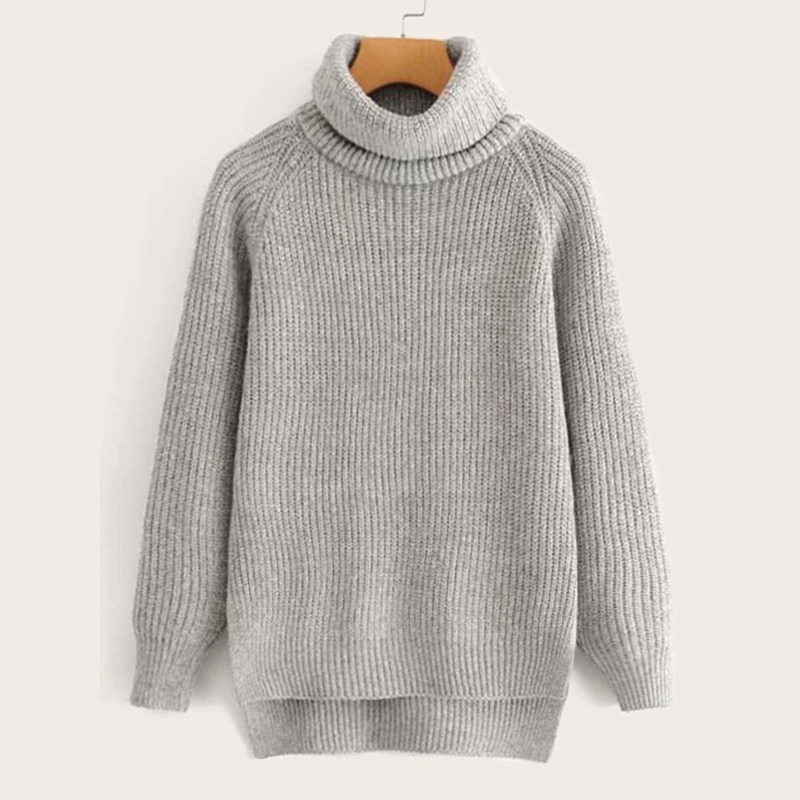 

High Neck Cable Knit High Low Sweater, Grey