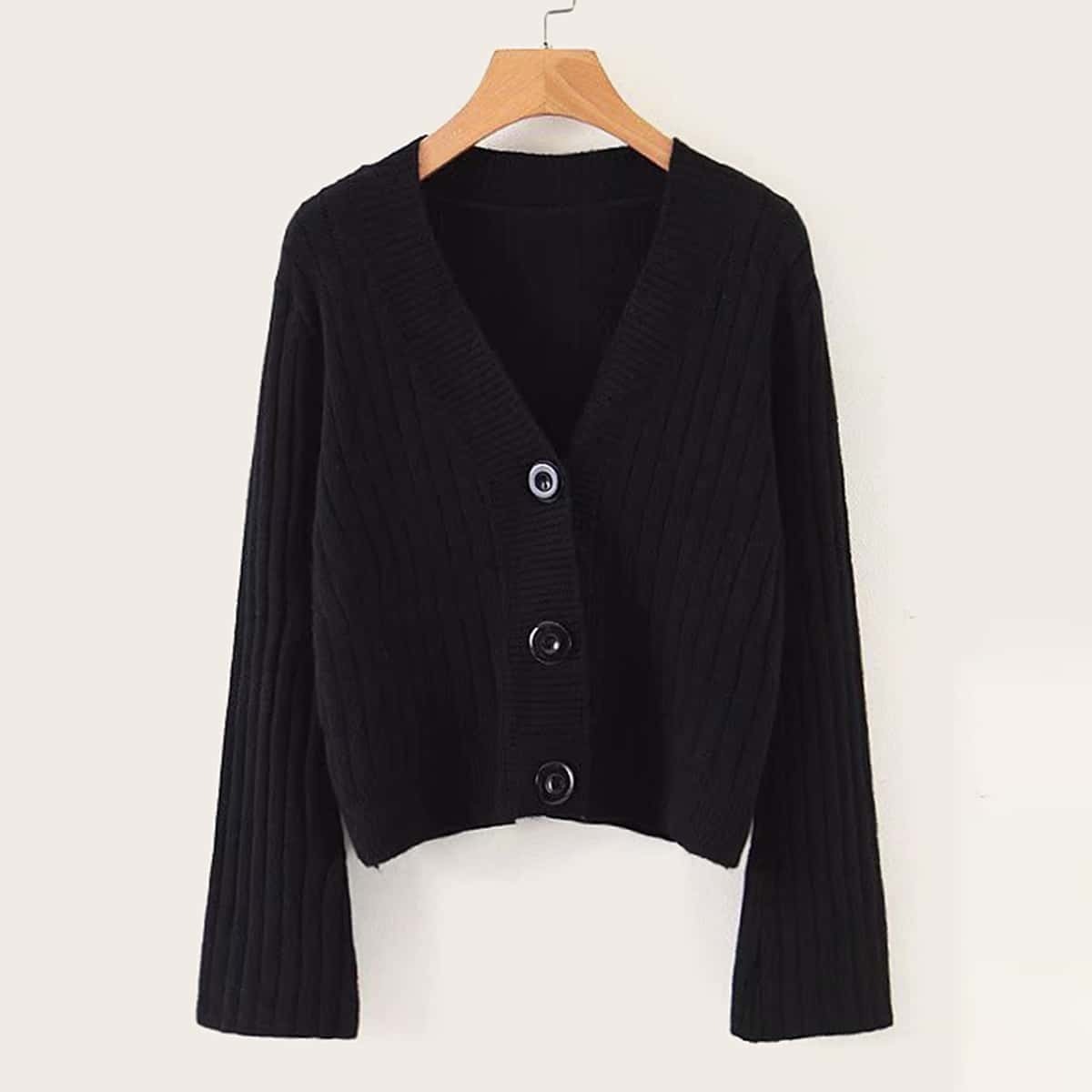 

Horn Sleeve V Neck Front Button Cardigan, Black