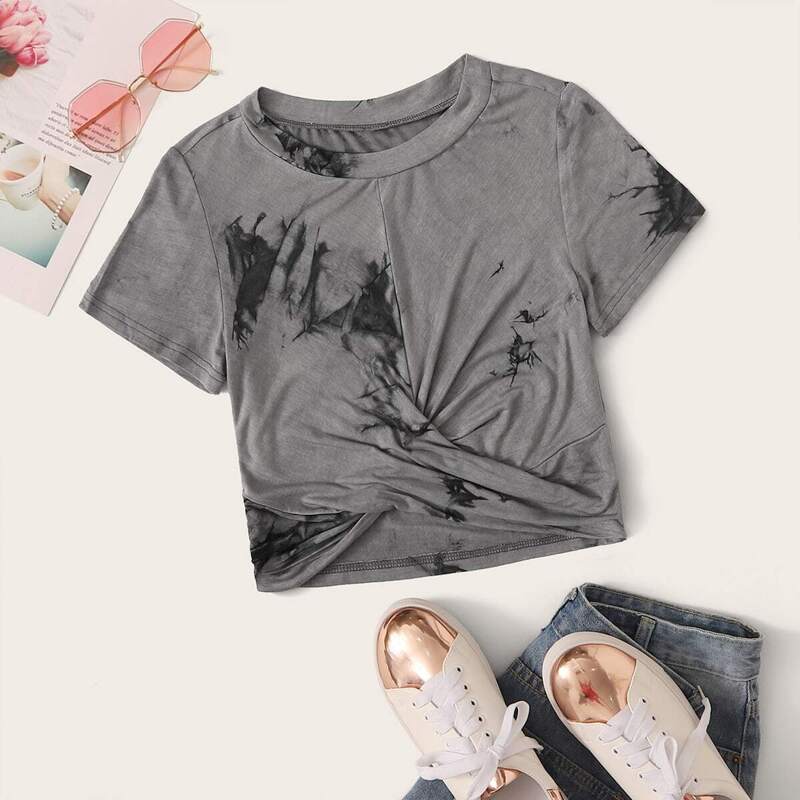 

Tie Dye Twist Front Tee, Grey