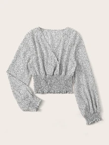 SHEIN Essnce 交叉領斑點圖案打褶襯衫 - 黑與白 - 查看 3