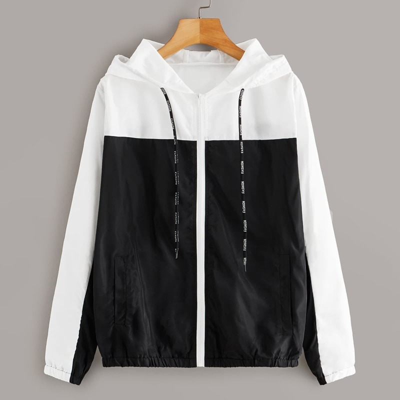 

Two Tone Letter Drawstring Hooded Windbreaker Jacket, Black and white