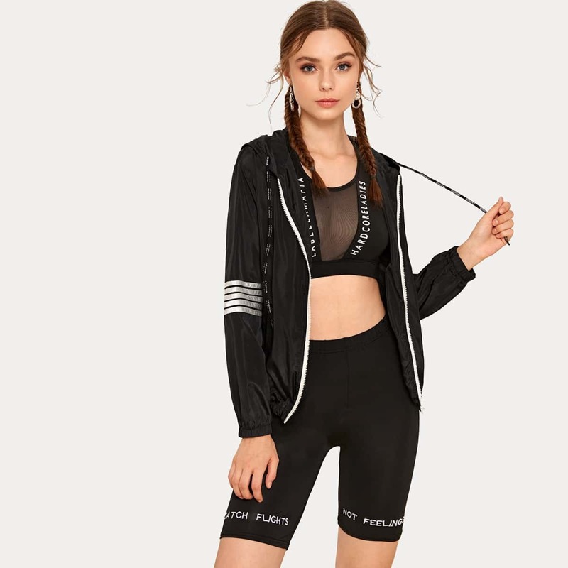

Striped Side Letter Drawstring Hooded Windbreaker Jacket, Black