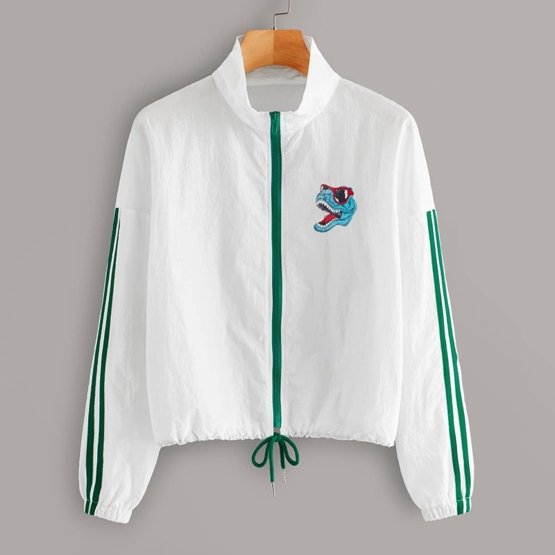 

Striped Side Dinosaur Print Drawstring Hem Windbreaker Jacket, White