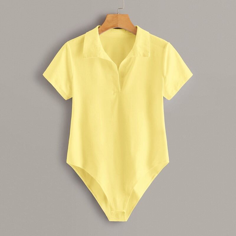 

Solid Half Placket Shirt Bodysuit, Yellow