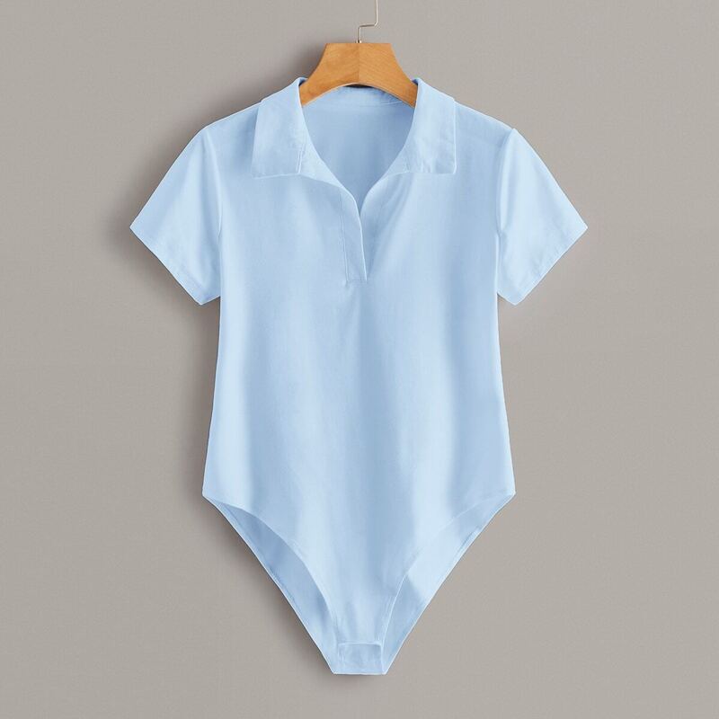 

Solid Half Placket Shirt Bodysuit, Blue