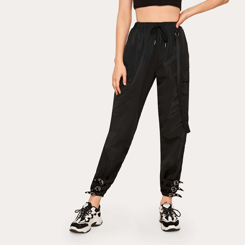 

Flap Pocket Tape Buckle Hem Drawstring Waist Cargo Pants, Black