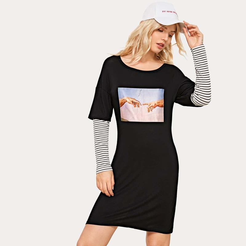 

Contrast Striped Sleeve Gesture Print Tee Dress, Black