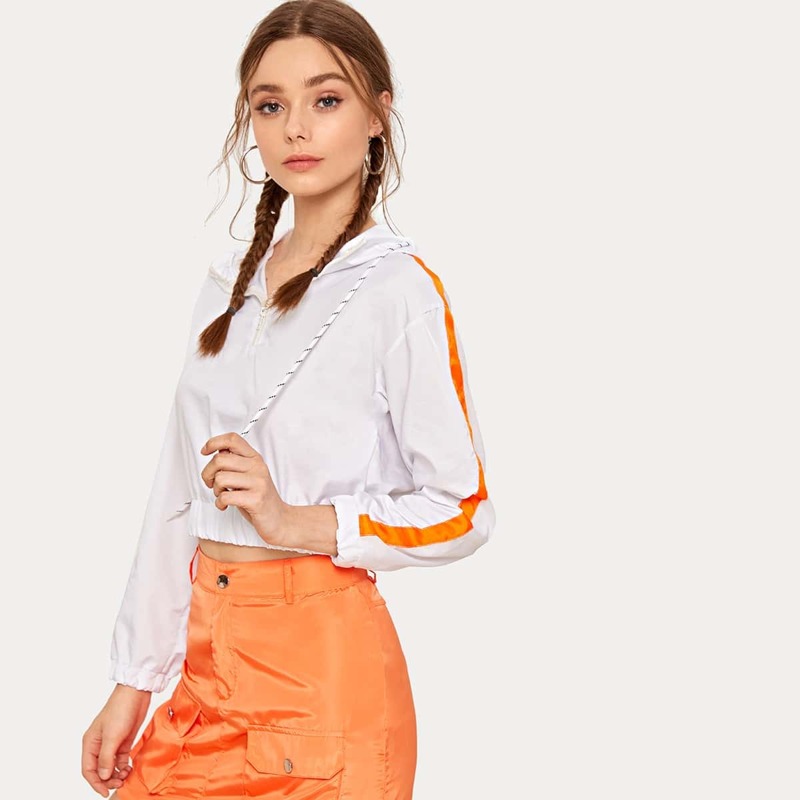 

Contrast Panel Half Zip Hooded Crop Windbreaker Jacket, White