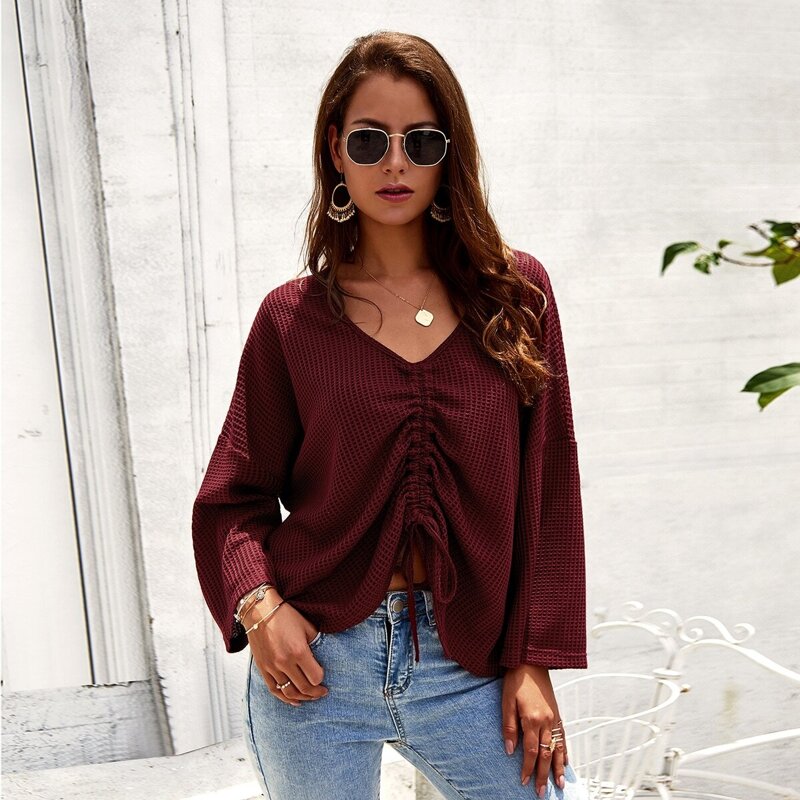 

V Neck Ruched Tie Front Tee, Burgundy