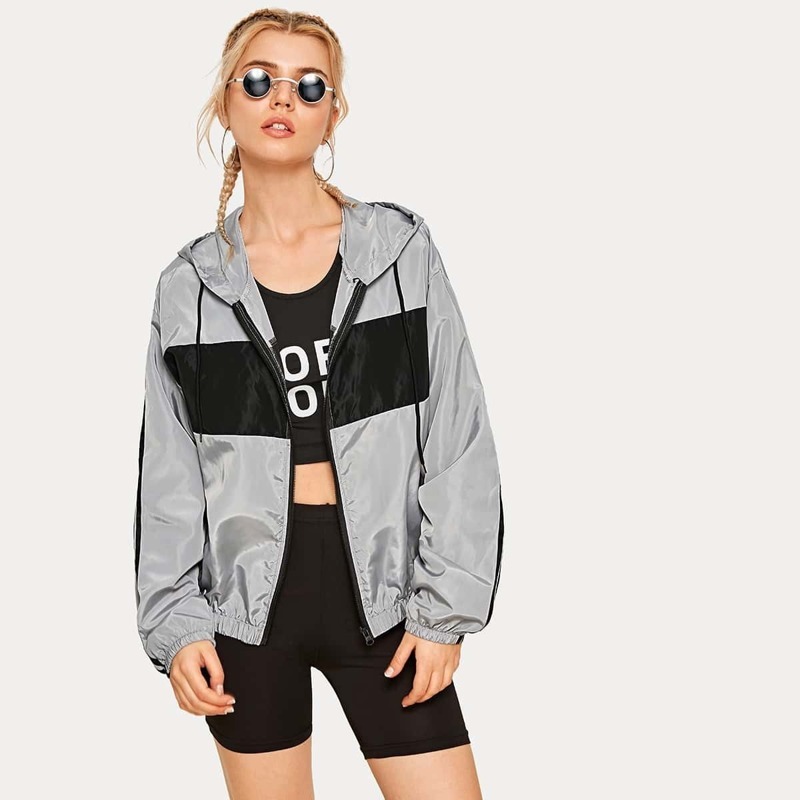 

Contrast Panel Zip Up Windbreaker Jacket, Grey