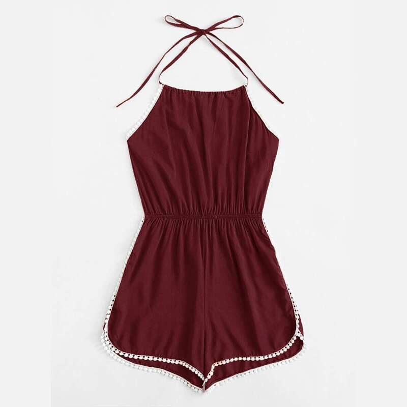 

Contrast Trim Backless Halter Romper, Burgundy