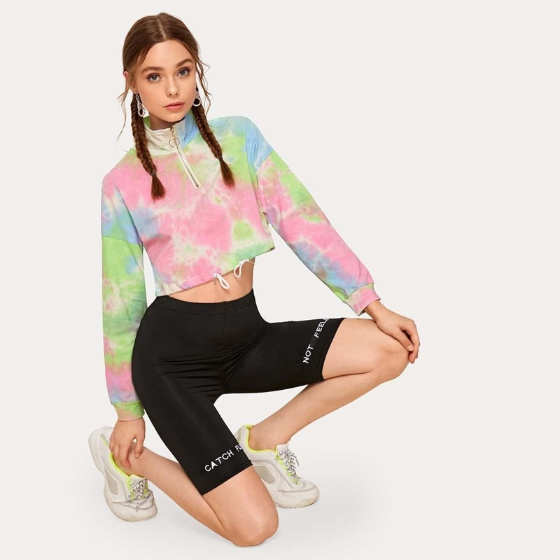 

O-ring Zipper Tie Dye Drawstring Hem Sweatshirt, Multicolor