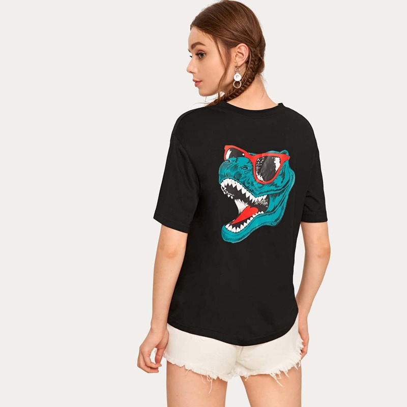 

Round Neck Slogan And Dinosaur Print Tee, Black