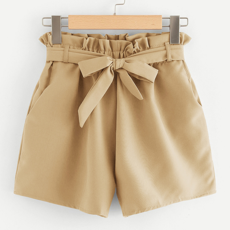 

Paperbag Waist Self Tie Straight Shorts, Khaki