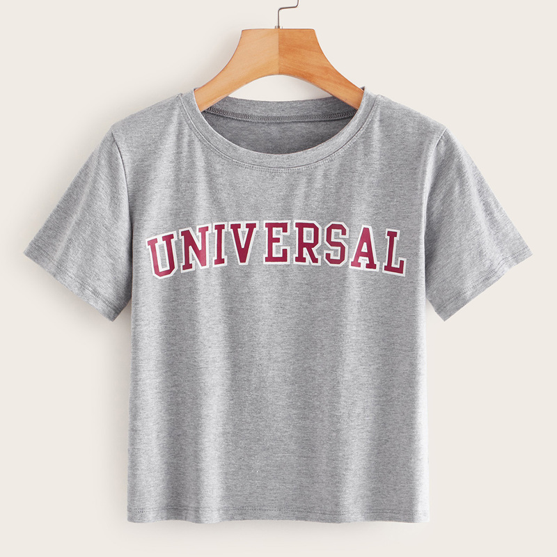 

Round Neck Letter Print Tee, Grey