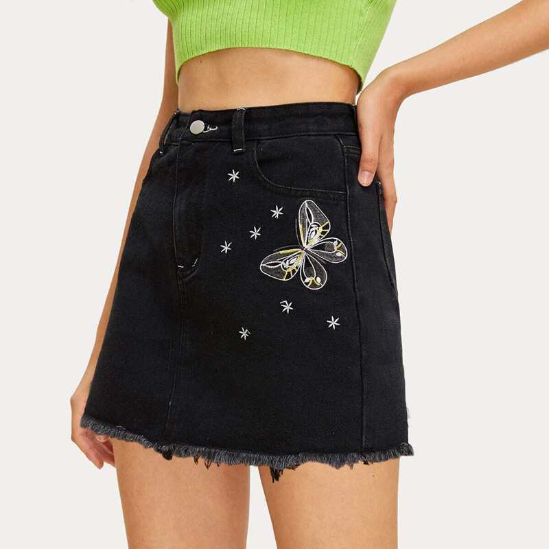 

Butterfly Embroidered Straight Denim Skirt, Black