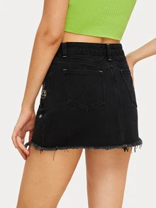Butterfly Embroidered Straight Denim Skirt - Black - View 2