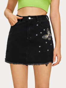 Butterfly Embroidered Straight Denim Skirt - Black - View 1
