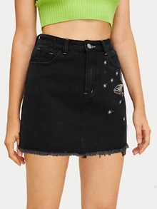 Butterfly Embroidered Straight Denim Skirt - Black - View 5
