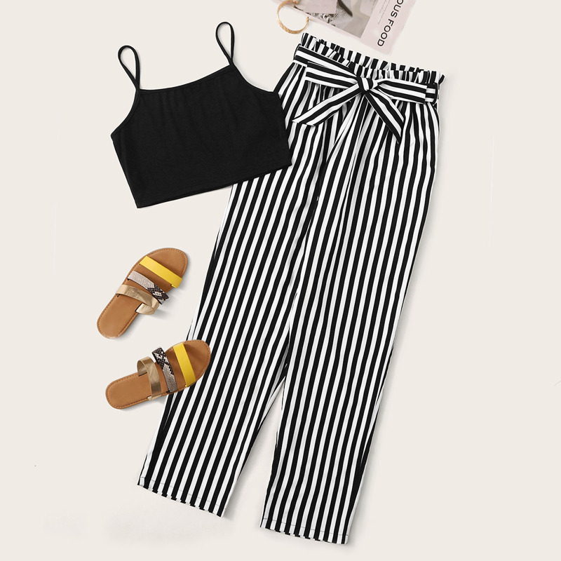 

Solid Cami Top & Paperbag Waist Striped Pants, Black and white