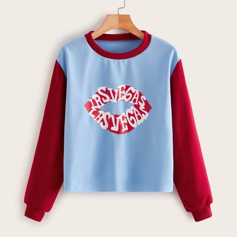 

Contrast Sleeve Letter & Lip Print Sweatshirt, Blue