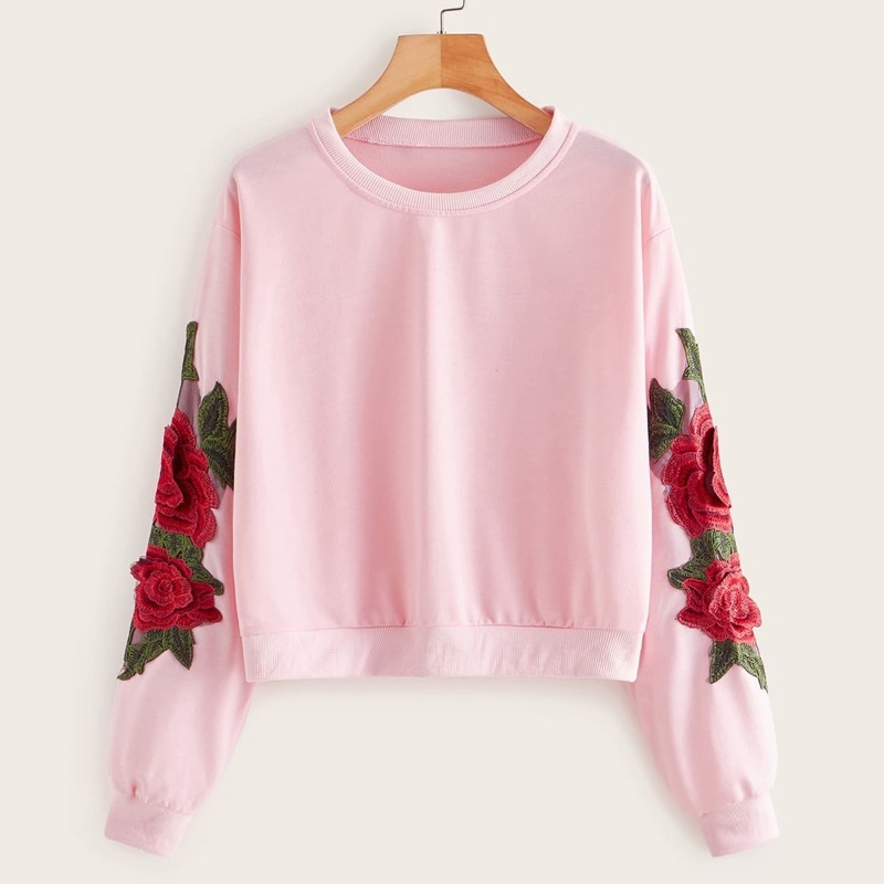 

Floral Embroidered Round Neck Sweatshirt, Pink