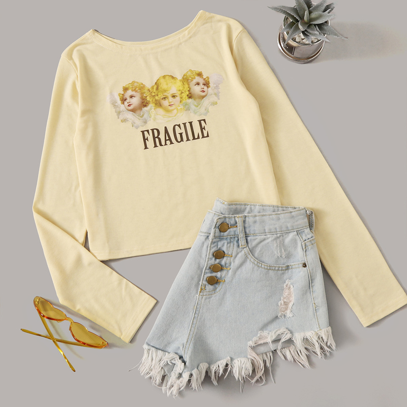 

Angel & Letter Print Round Neck Tee, Yellow pastel