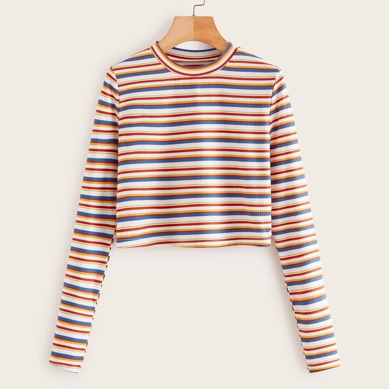 

Rainbow Striped Rib-Knit Crop Tee, Multicolor