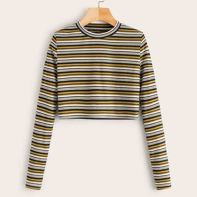 

Multi-Stripe Rib-Knit Crop Tee, Multicolor