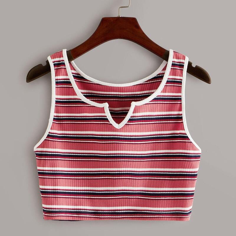 

Piped Trim Striped Notched Tank Top, Pink