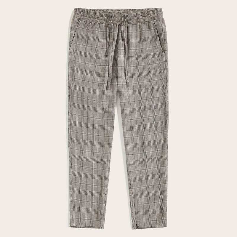 

Guys Plaid Print Drawstring Waist Pants, Grey