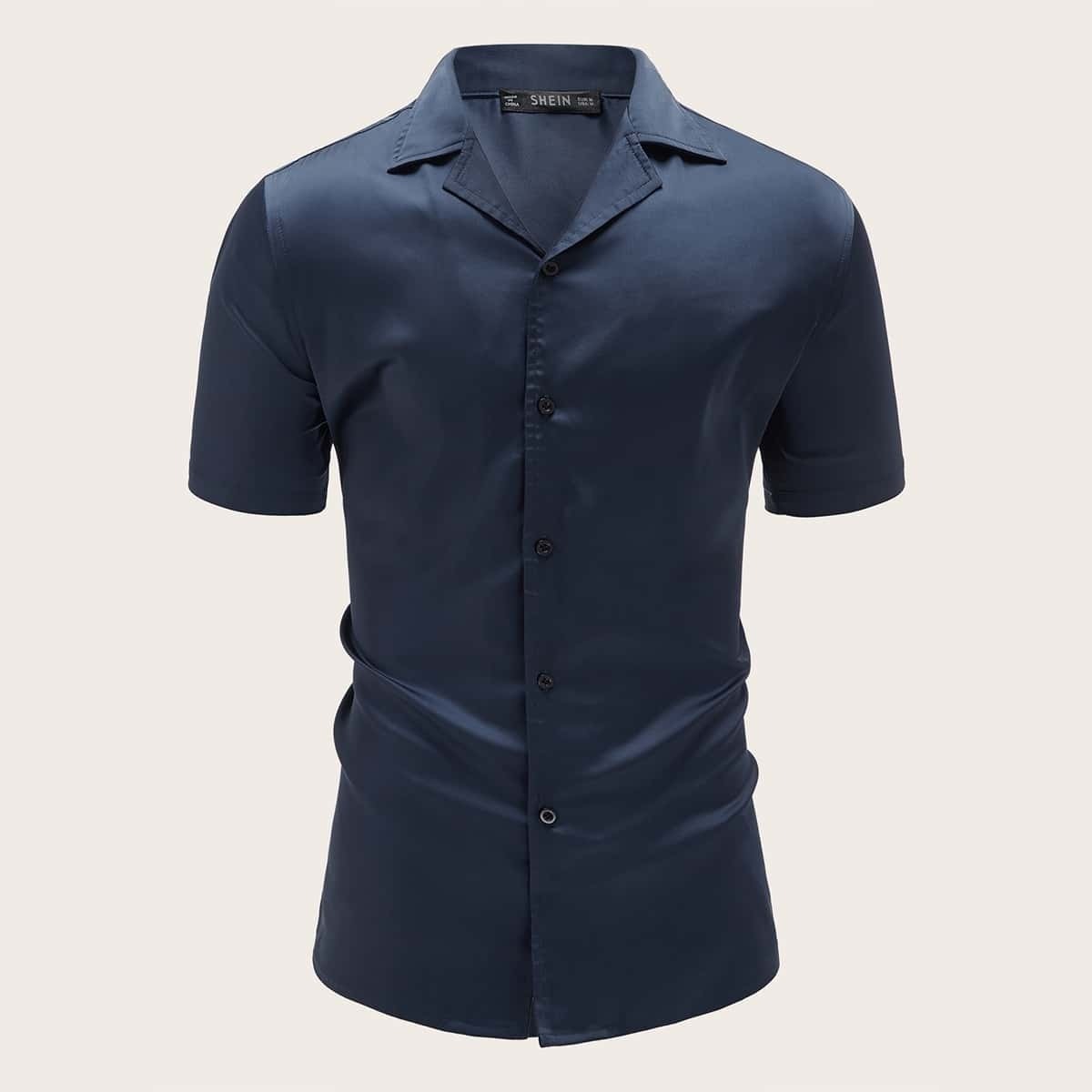 

Guys Revere Collar Solid Satin Shirt, Navy