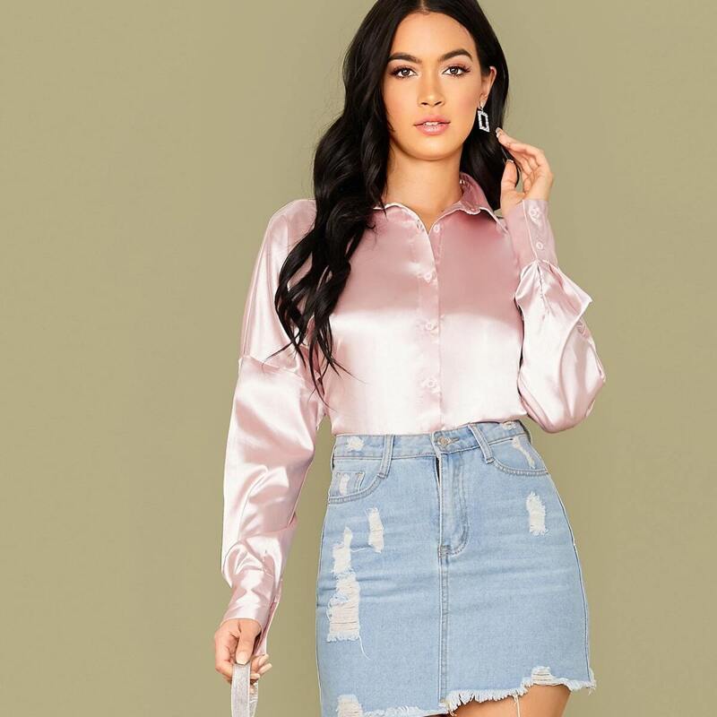 

Drop Shoulder Satin Shirt, Pink pastel
