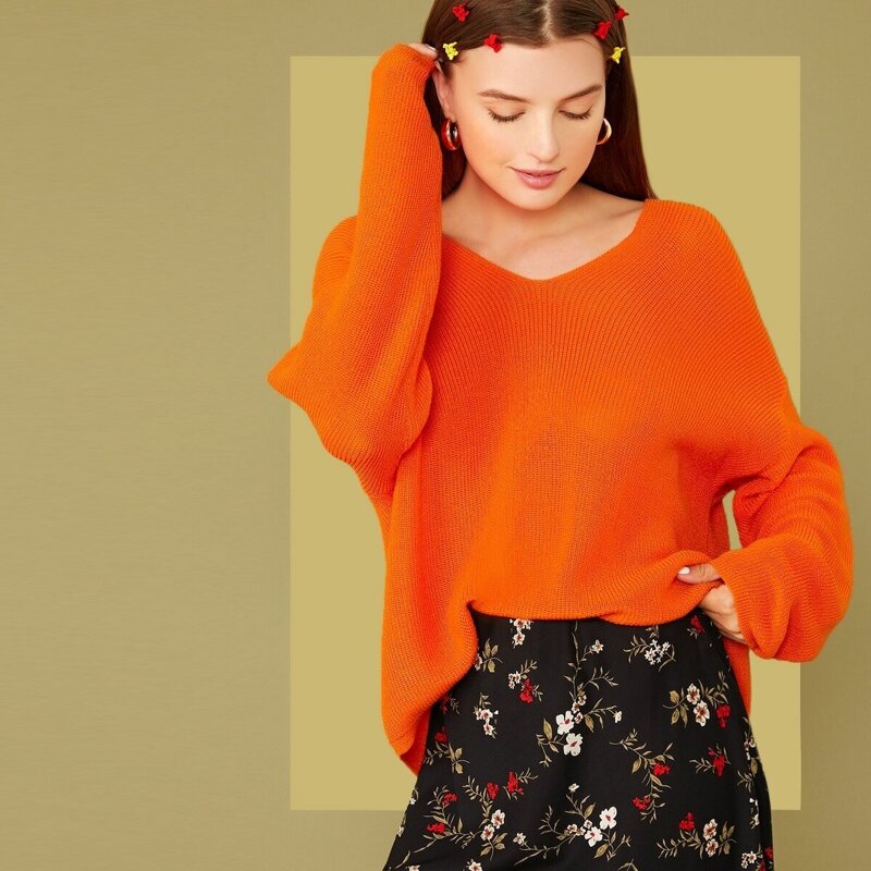 

Neon Orange Drop Shoulder Sweater, Orange bright